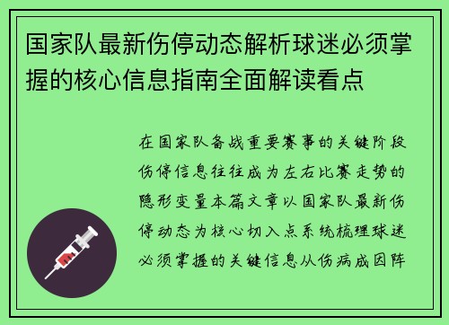 国家队最新伤停动态解析球迷必须掌握的核心信息指南全面解读看点