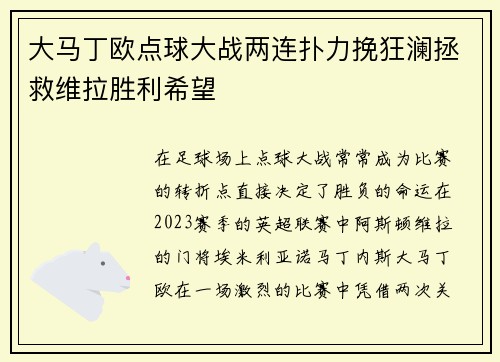 大马丁欧点球大战两连扑力挽狂澜拯救维拉胜利希望